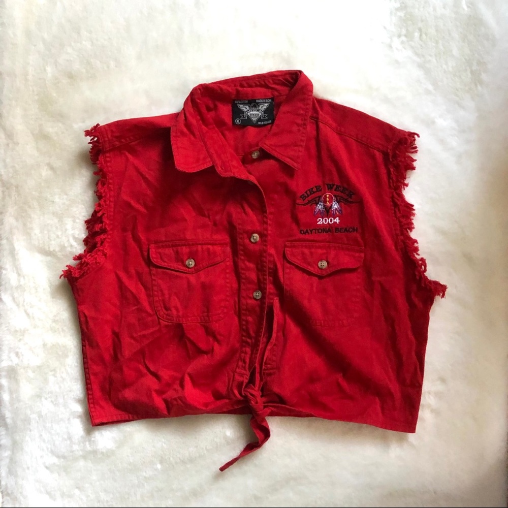 American biker cutoff crop tie shirt